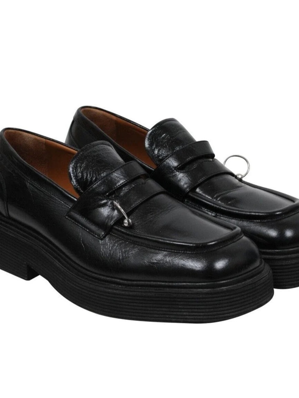 Marni Black Leather Platform Loafers with Silver Ring Detail